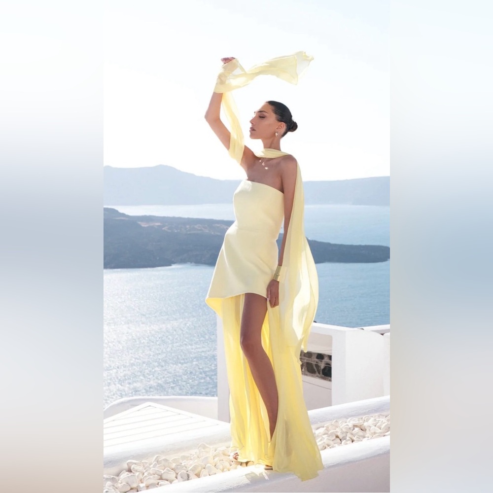Strapless High-Low Halter Gown in Pale Yellow - Picture 2 of 7
